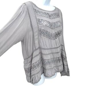 PATRONS of PEACE Gray Crocheted Open Back Long Sleeve Peasant Top Women's Large
